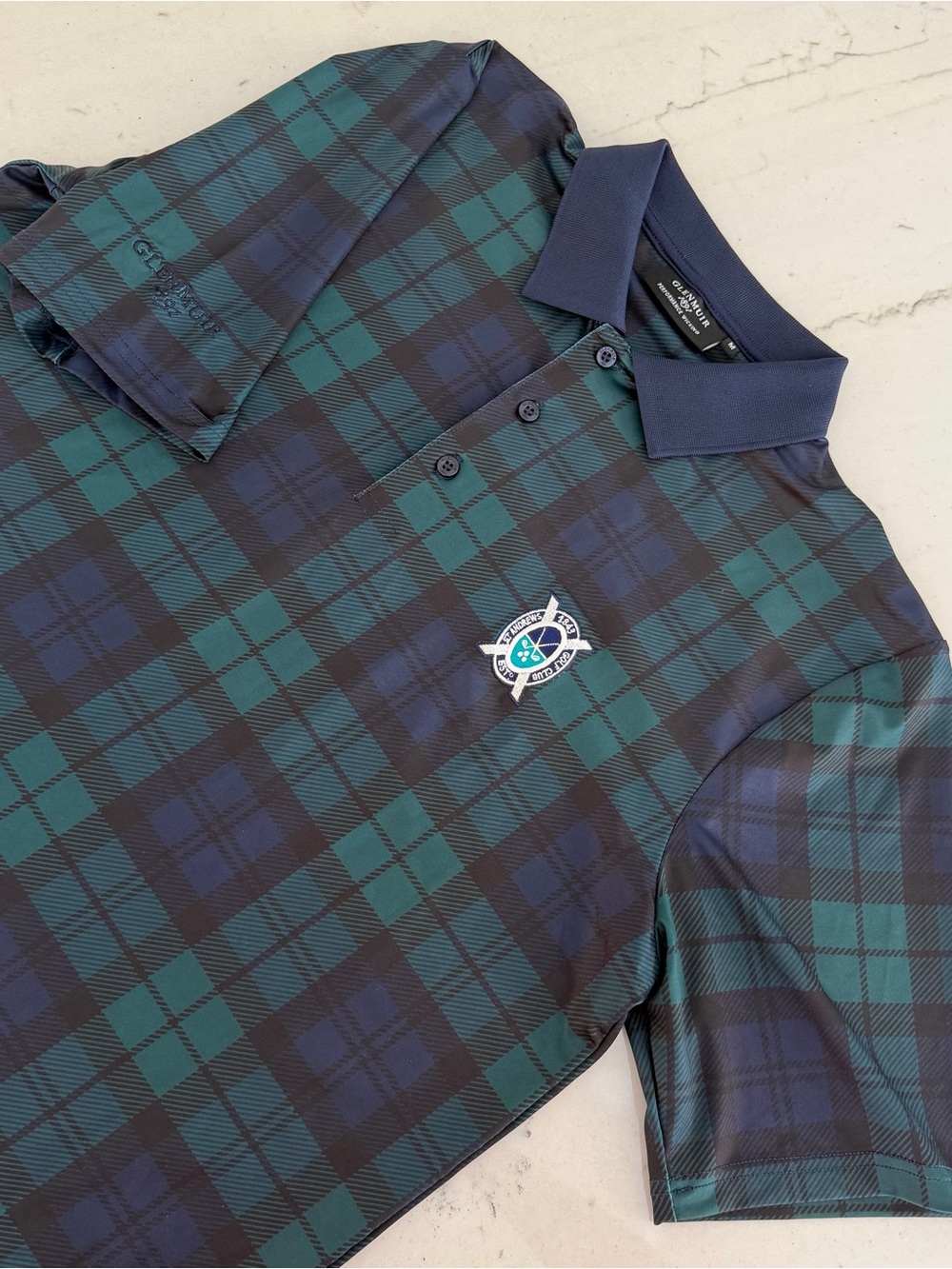 Glenmuir St Andrews Old Course Golf Polo Shirt Plaid Tartan M Wicking Green